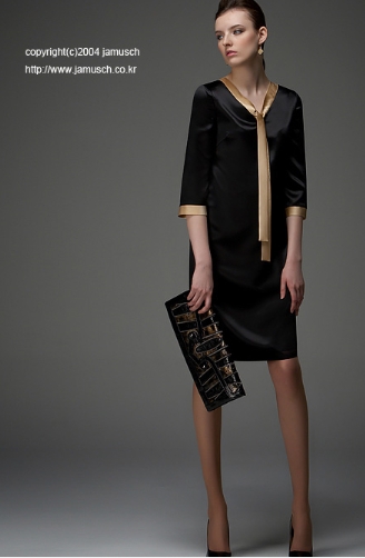 Gold Tied Black Satin Silk Dress Made in Korea